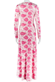 Elegant Print Slit O Neck Long Dresses