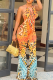 Sexy Print Backless Strap Design Halter Boot Cut Jumpsuits