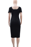 Elegant Solid Color Patchwork O Neck Wrapped Skirt Dresses