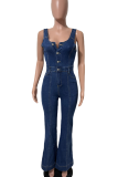 Sexy Solid Color Buckle U Neck Sleeveless Bodycon Denim Jumpsuits