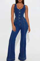 Sexy Solid Color Buckle U Neck Sleeveless Bodycon Denim Jumpsuits