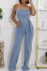 Sexy Solid Color Buttons Strapless Sleeveless Regular Denim Jumpsuits
