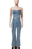 Sexy Solid Color Buttons Strapless Sleeveless Regular Denim Jumpsuits