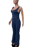 Sexy Solid Color Buckle U Neck Sleeveless Bodycon Denim Jumpsuits