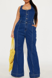Sexy Solid Color Buckle U Neck Sleeveless Bodycon Denim Jumpsuits