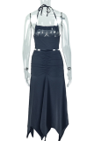 Sexy Solid Color High Slit Halter Sleeveless Two Pieces