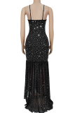 Sexy Solid Color Sequins Slit Spaghetti Strap Irregular Dresses