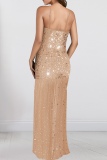 Sexy Solid Color Sequins Slit Spaghetti Strap Irregular Dresses