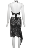 Sexy Solid Color Lace Backless Irregular Halter Sleeveless Two Pieces