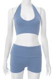 Sexy Solid Color Backless Halter Sleeveless Two Pieces