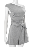 Sexy Solid Color Strap Design Oblique Collar Skinny Rompers