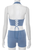 Sexy Solid Color Backless Halter Sleeveless Two Pieces