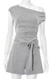 Sexy Solid Color Strap Design Oblique Collar Skinny Rompers