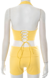 Sexy Solid Color Backless Halter Sleeveless Two Pieces