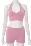 Sexy Solid Color Backless Halter Sleeveless Two Pieces