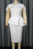 Elegant Solid Color Ruffle Flower Shape O Neck Wrapped Skirt Dresses