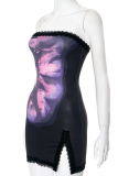 Sexy Print Slit Strapless Wrapped Skirt Dresses