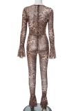 Sexy Leopard Print Patchwork O Neck Skinny Jumpsuits
