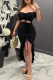 Sexy Solid Color Draw String Slit Flounce Strapless Short Sleeve Two Pieces