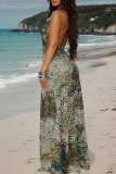 Sexy Print Backless Slit Halter Long Dresses