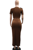 Elegant Solid Color High Slit Flower Shape O Neck Short Sleeve Two Pieces