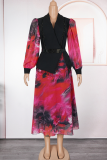 Elegant Print Fringed Trim Contrast Turndown Collar Long Plus Size Dresses