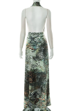 Sexy Print Backless Slit Halter Long Dresses