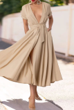 Elegant Solid Color Strap Design Deep V Neck Long Dresses