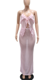 Sexy Solid Color See-Through Flounce Halter Sleeveless Two Pieces