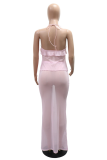 Sexy Solid Color See-Through Flounce Halter Sleeveless Two Pieces