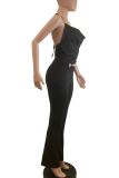 Sexy Solid Color Hollow Out Halter Regular Jumpsuits