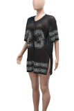 Casual Digital Slit Hot Drill V Neck T-Shirts