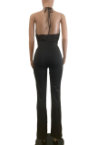 Sexy Solid Color Hollow Out Halter Regular Jumpsuits