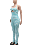 Casual Stripe Backless Strap Design Halter Sleeveless Two Pieces