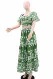 Casual Print Patchwork Asymmetrical Collar Short Sleeve Two Pieces