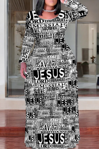 Casual Print O Neck Long Plus Size Dresses