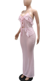 Sexy Solid Color See-Through Flounce Halter Sleeveless Two Pieces