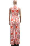 Casual Print Strap Design V Neck Loose Jumpsuits