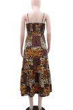 Casual Vacation Leopard Print Patchwork Spaghetti Strap Long Dresses