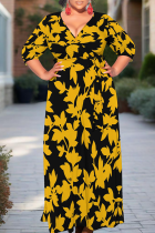 Casual Print Strap Design V Neck Long Plus Size Dresses