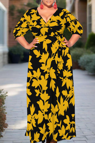 Casual Print Strap Design V Neck Long Plus Size Dresses