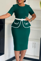 Office lady Elegant Solid Color With Belt Contrast O Neck Wrapped Skirt Dresses
