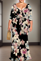 Casual Print Strap Design V Neck Long Plus Size Dresses