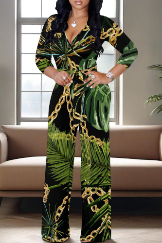 Casual Print V Neck Regular Jumpsuits