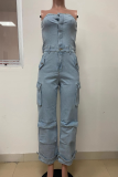 Casual Solid Color Pocket Buckle Strapless Sleeveless Regular Denim Jumpsuits