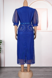 Elegant Solid Color With Belt Hot Drill O Neck Wrapped Skirt Plus Size Dresses