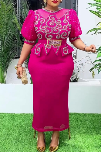 Elegant Solid Color With Belt Hot Drill O Neck Wrapped Skirt Plus Size Dresses