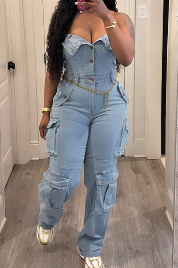 Casual Solid Color Pocket Buckle Strapless Sleeveless Regular Denim Jumpsuits