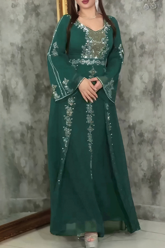 Elegant Solid Color Hot Drill O Neck Long Plus Size Dresses