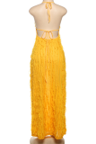 Sexy Solid Color Backless Ruched Halter Long Dresses